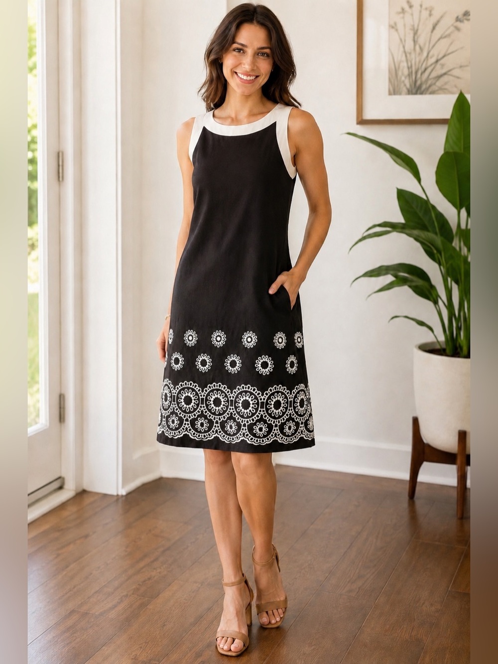Jessica Howard Linen Blend Embroidered Sheath Dress Size 10 Petite Black & White